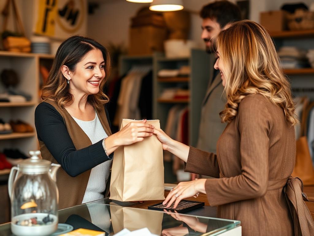 Negoziante che consegna l'acquisto a una cliente nel suo negozio ad Agropoli